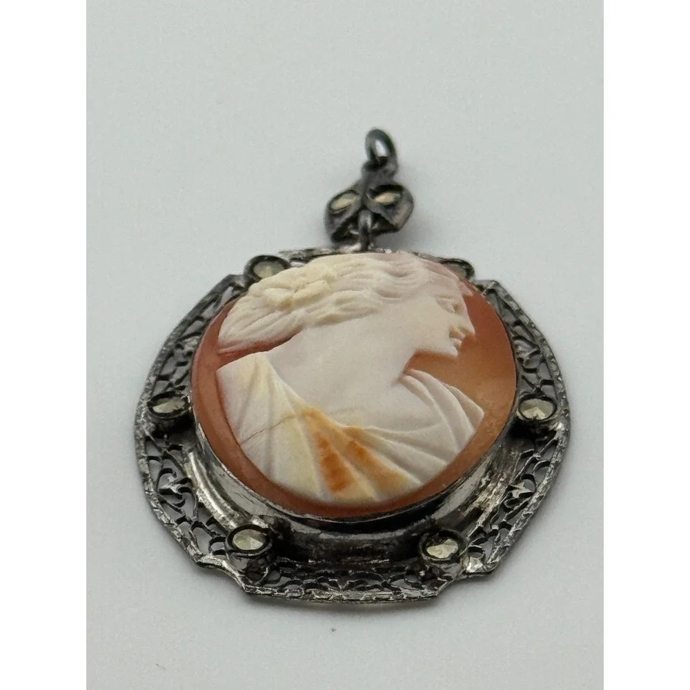 Vintage‎ Art Deco Sterling Silver Filigree Marcasite Carved Shell Cameo Pendant